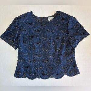Papell Botique women’s blouse dark blue 100% silk scalloped hemline beaded 14P